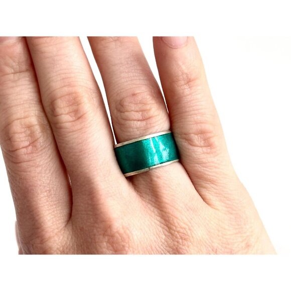Turquoise Enamel Cigar Style Band Vintage Sterling Silver Ring - sz 7.25 - Picture 10 of 10